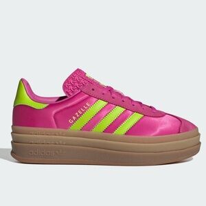 Adidas Gazelle Bold Satin Sneakers NEW Lucid Fuchsia /Solar Slime /Gold JI2705
